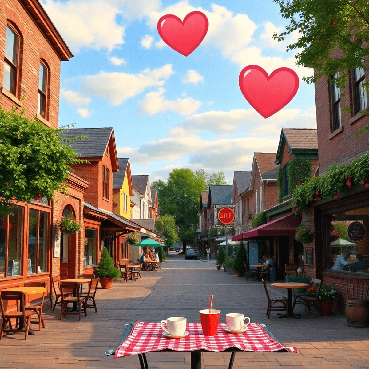A scenic small town with cozy cafés, outdoor spaces, and symbols of dating like coffee cups and hearts, capturing the vibrant community atmosphere ...