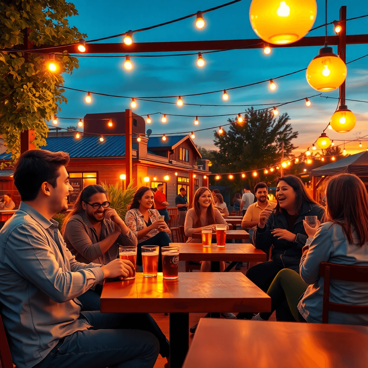 A cozy beer garden filled with young professionals chatting and laughing, featuring string lights, wooden tables, and a warm sunset ambiance.