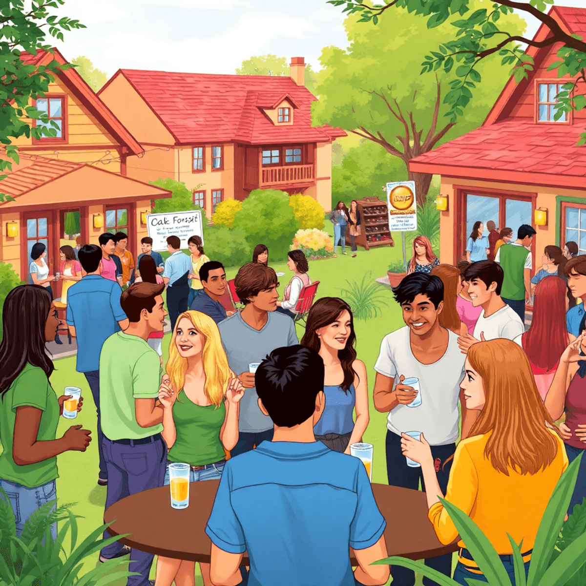 A lively singles event in a suburban area, with young adults chatting and enjoying activities amidst cozy venues and lush greenery, fostering a sen...