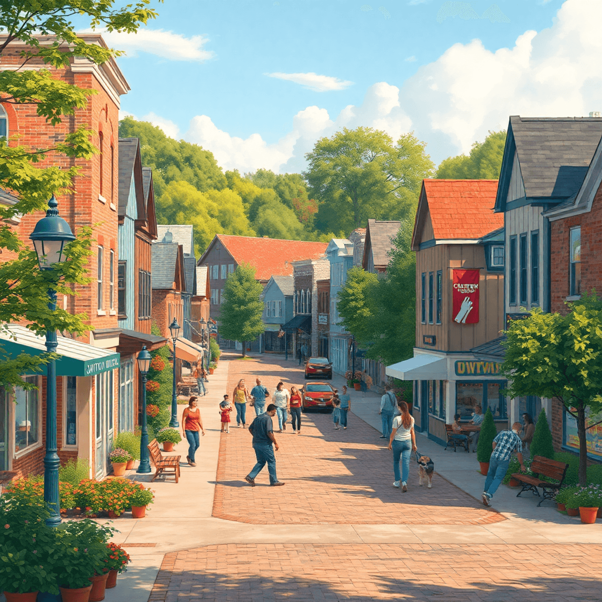 A vibrant small-town scene in Campton Hills, featuring a park, event banners, and people enjoying outdoor activities, reflecting community spirit a...