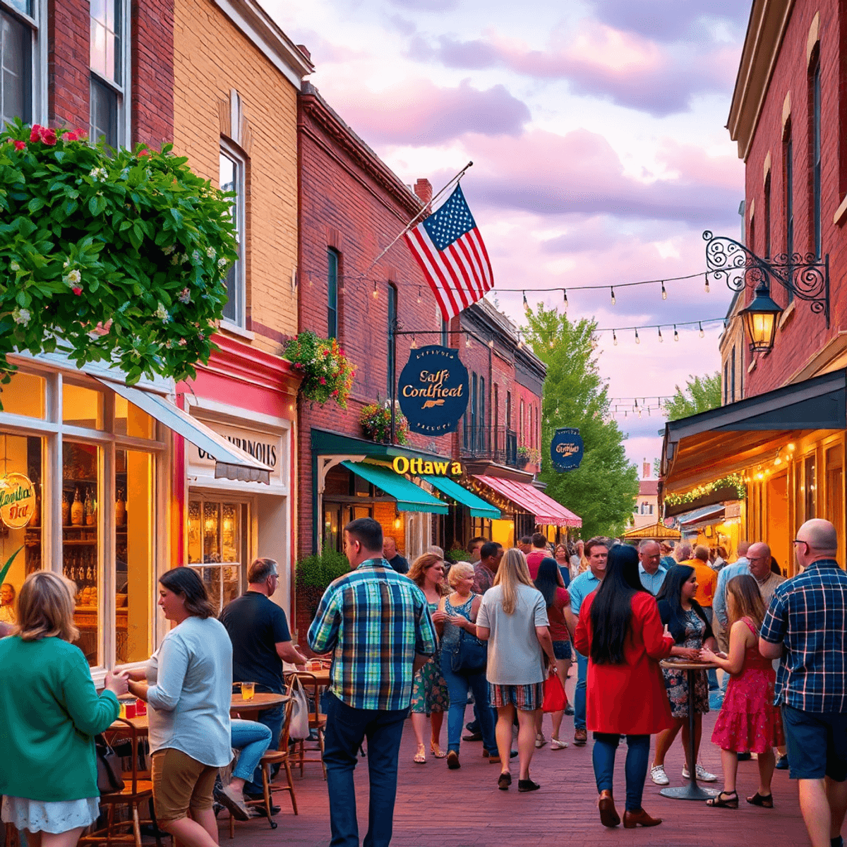 A charming small-town street in Ottawa, Illinois, bustling with cozy cafes and community events, where people engage in friendly conversations and ...