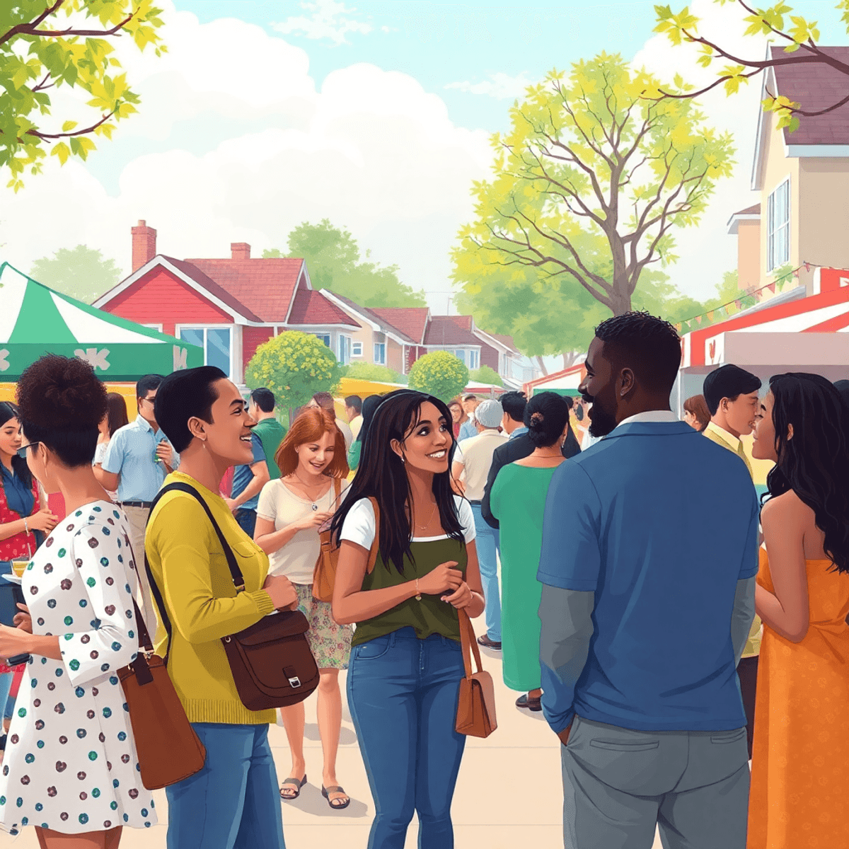 A lively community event with singles chatting and enjoying food stalls, surrounded by festive decorations and a cheerful neighborhood atmosphere.