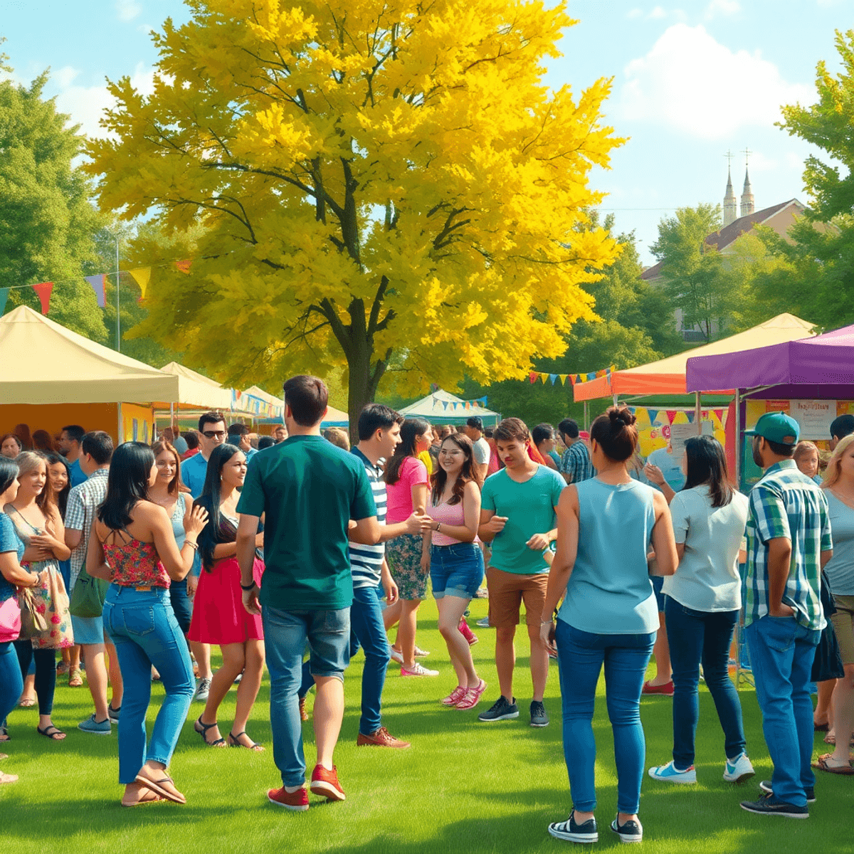 A lively community festival in a park, with groups of singles dancing, chatting, and enjoying food stalls amid colorful decorations and trees, embo...