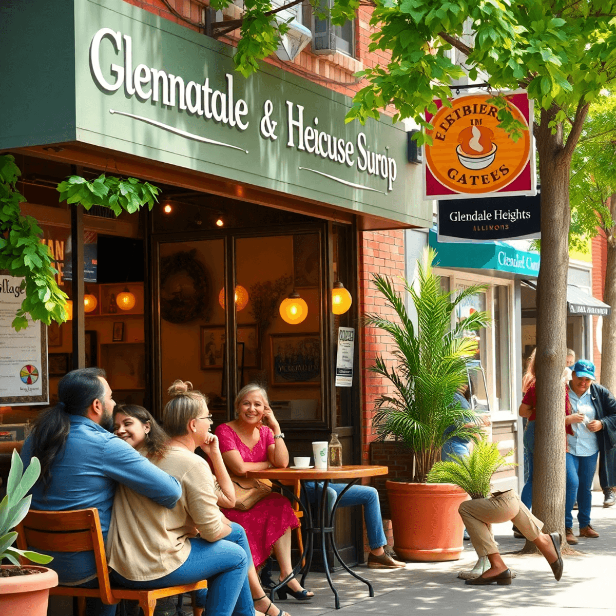 A lively street scene in Glendale Heights featuring a cozy coffee shop, colorful storefronts, community event posters, and greenery, capturing the ...