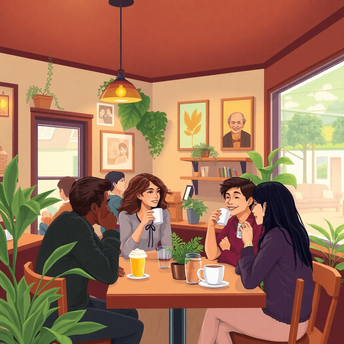 A cozy coffee shop in Northbrook, Illinois, filled with people engaged in conversation, surrounded by plants and local artwork, radiating warmth an...