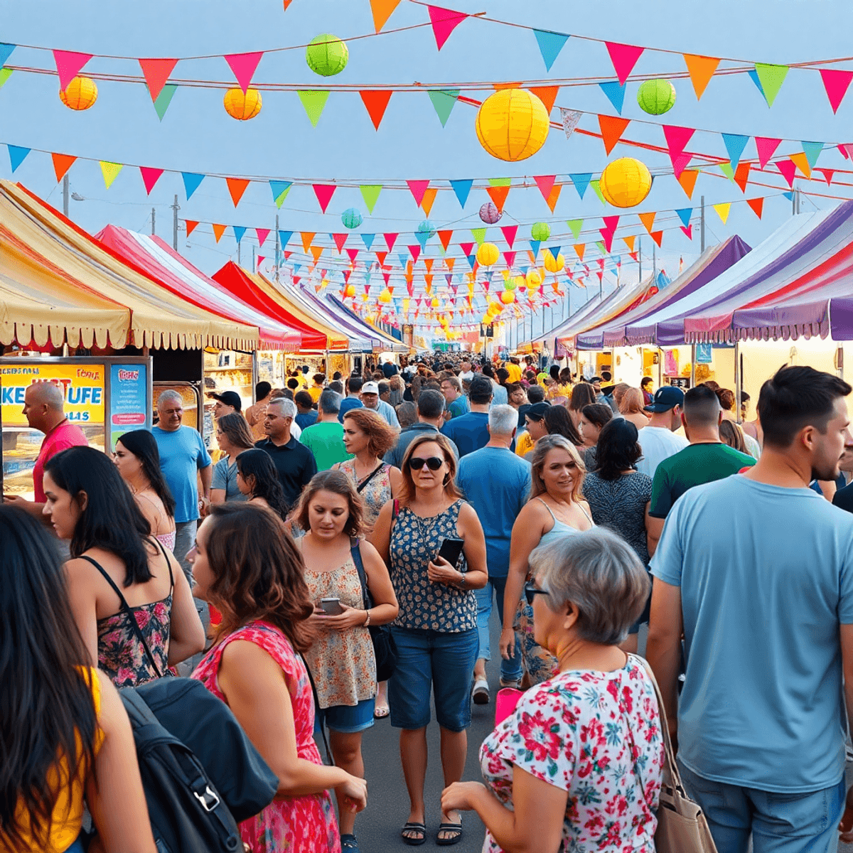 A lively community festival in Kewanee, Illinois, featuring colorful decorations, food vendors, live music, and people enjoying interactive activit...