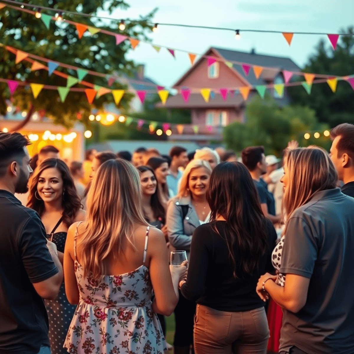 A lively outdoor gathering with a group of singles chatting and enjoying themselves, surrounded by colorful decorations and an atmosphere of excite...