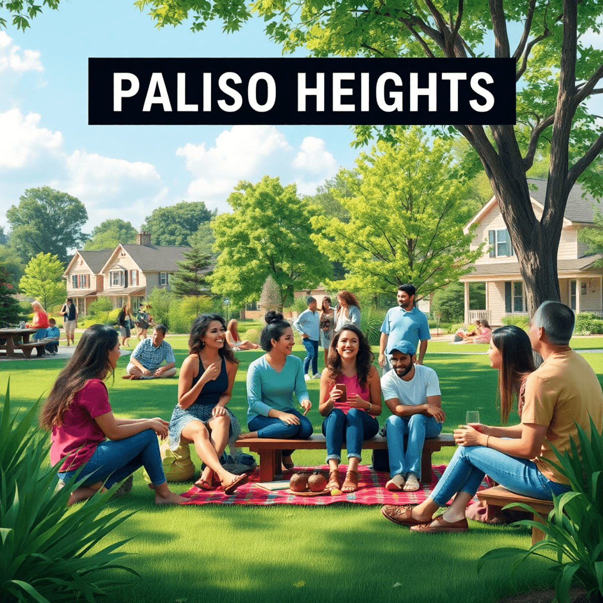 A lively suburban park scene with people enjoying picnics and conversations on colorful blankets amid lush greenery, radiating community and connec...