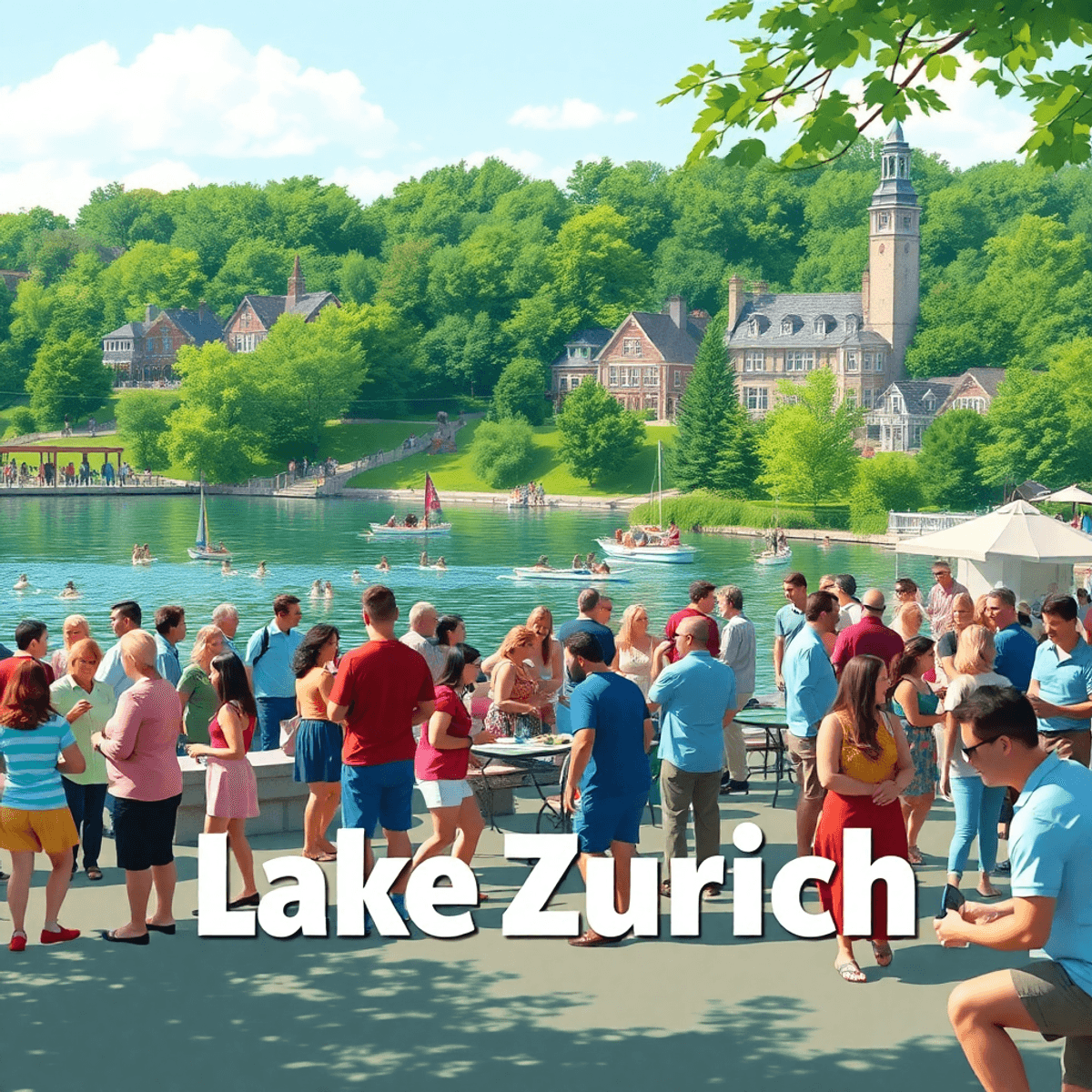 A lively scene at Lake Zurich with people socializing, enjoying outdoor activities, and attending events, surrounded by greenery and local landmarks.