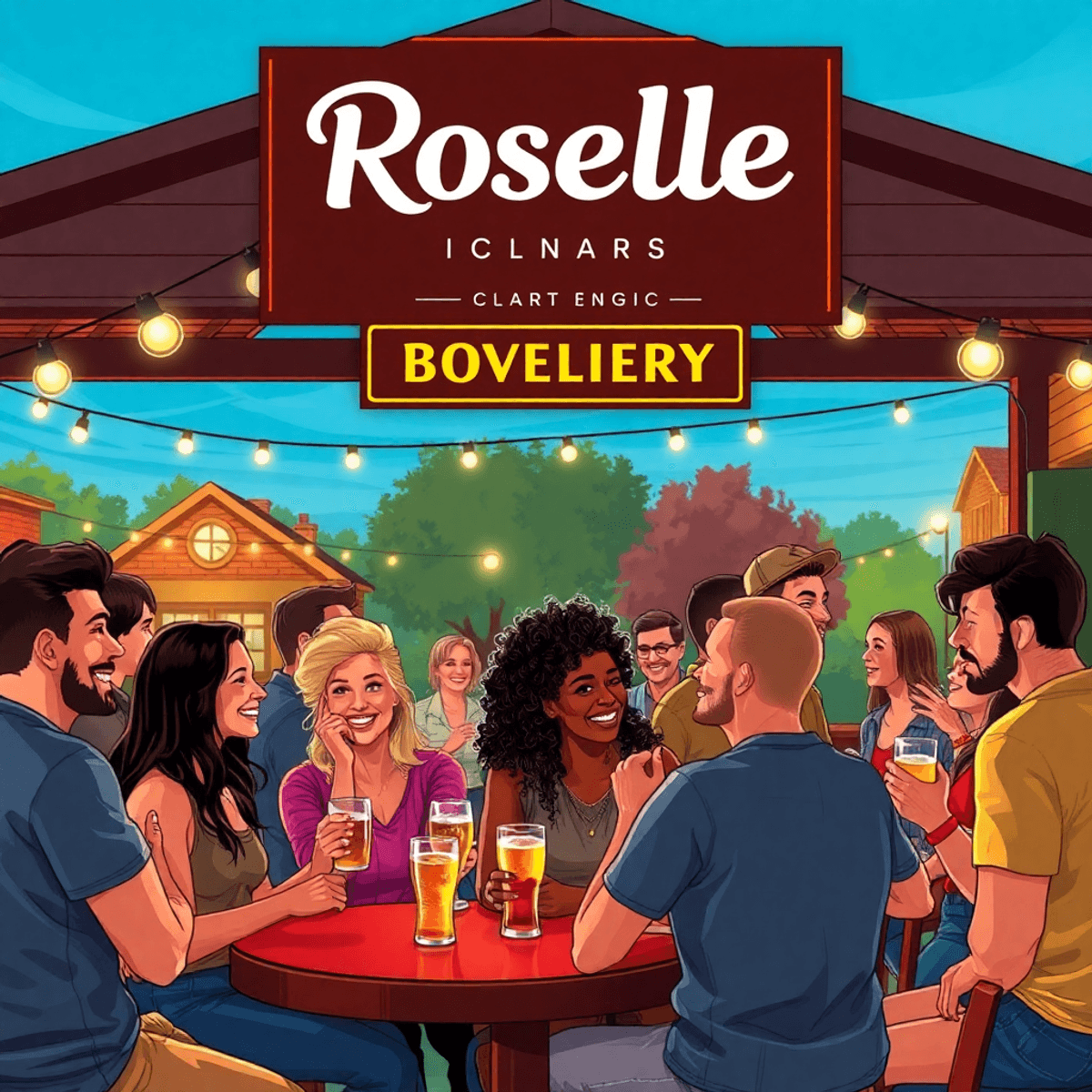 A lively social gathering at a craft brewery, with people laughing, chatting, and enjoying activities in a warm, inviting atmosphere that conveys c...