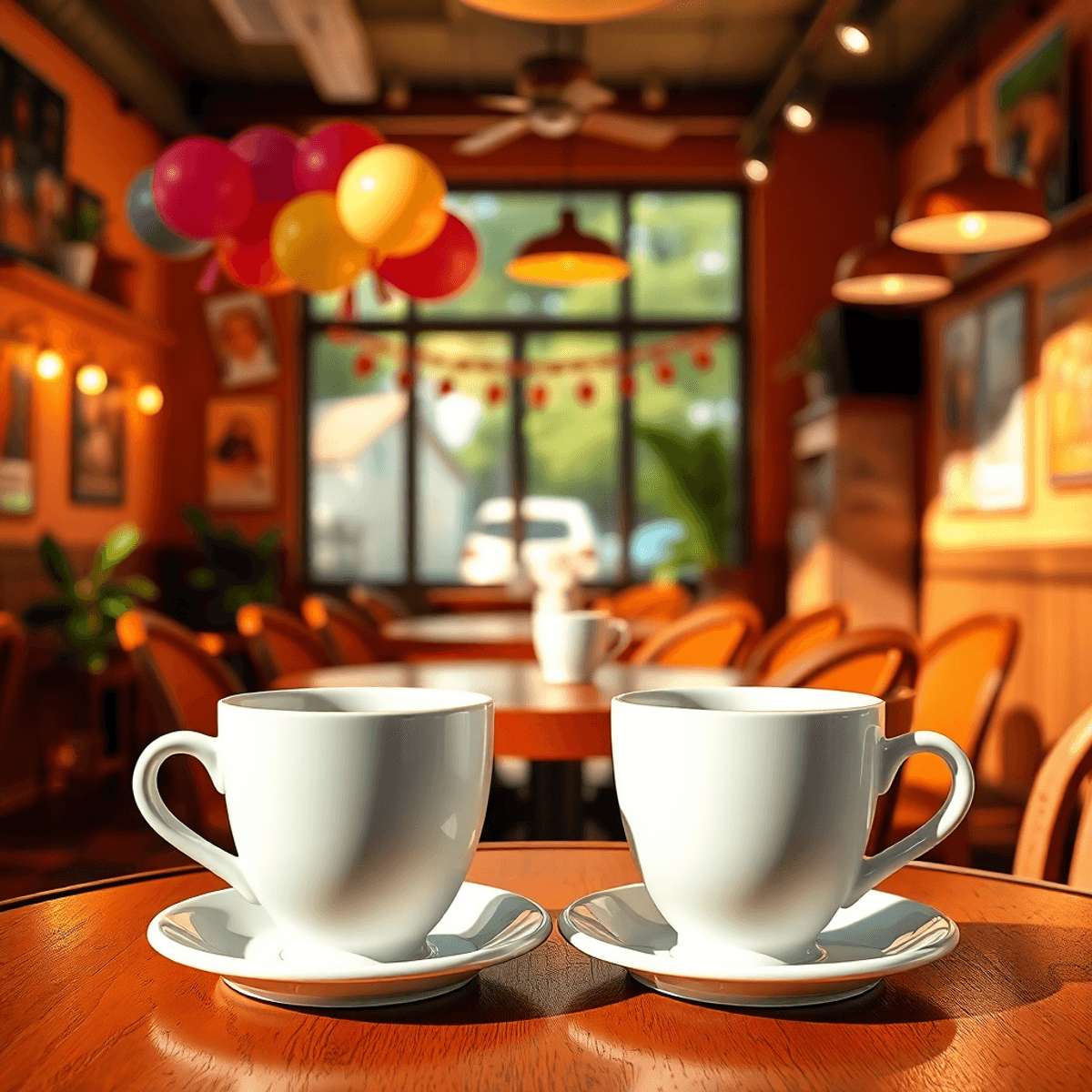 A cozy coffee shop with two cups of coffee on a table, warm lighting, inviting decor, and hints of community events like balloons and flyers in the...