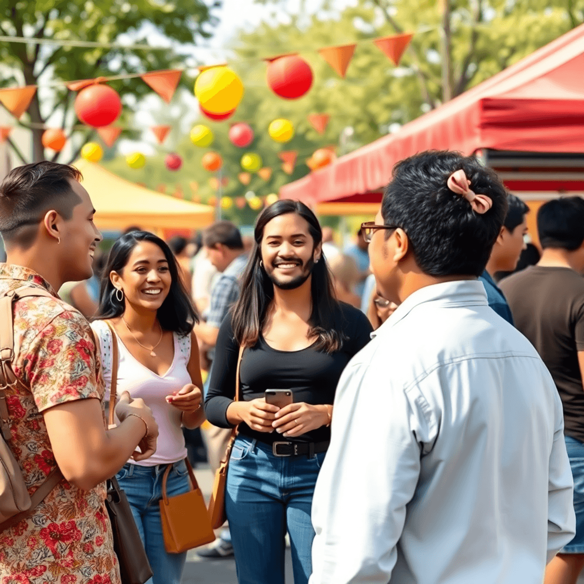 A lively outdoor community gathering in Lindenhurst, Illinois, featuring colorful decorations, food stalls, and people interacting warmly while enj...