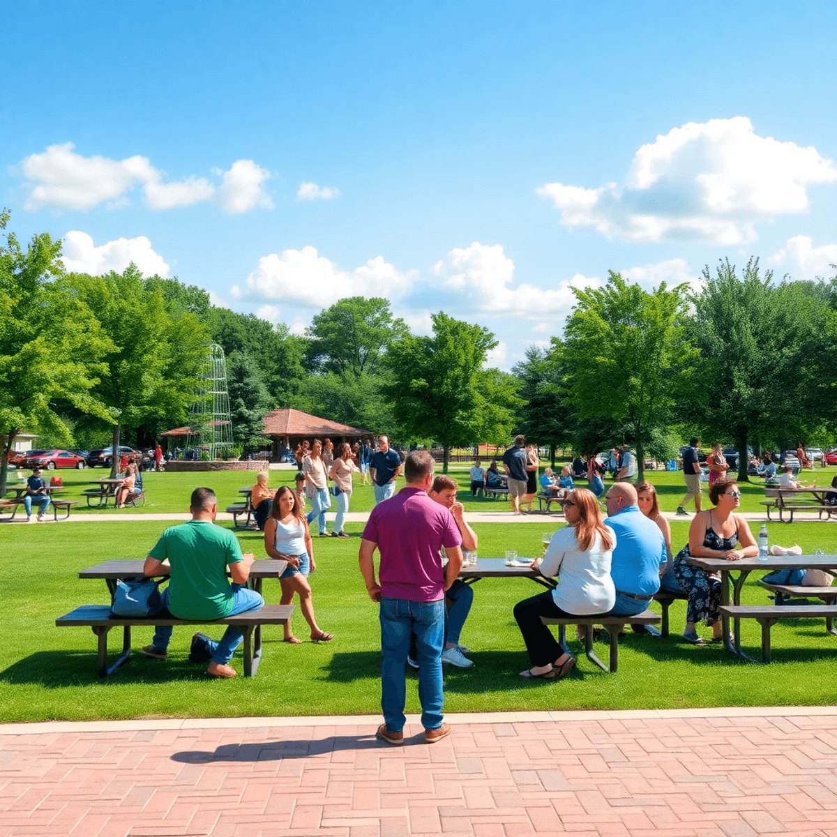 A sunny community park in Belvidere, Illinois, filled with lush greenery, picnic areas, and people socializing, playing games, and enjoying casual ...