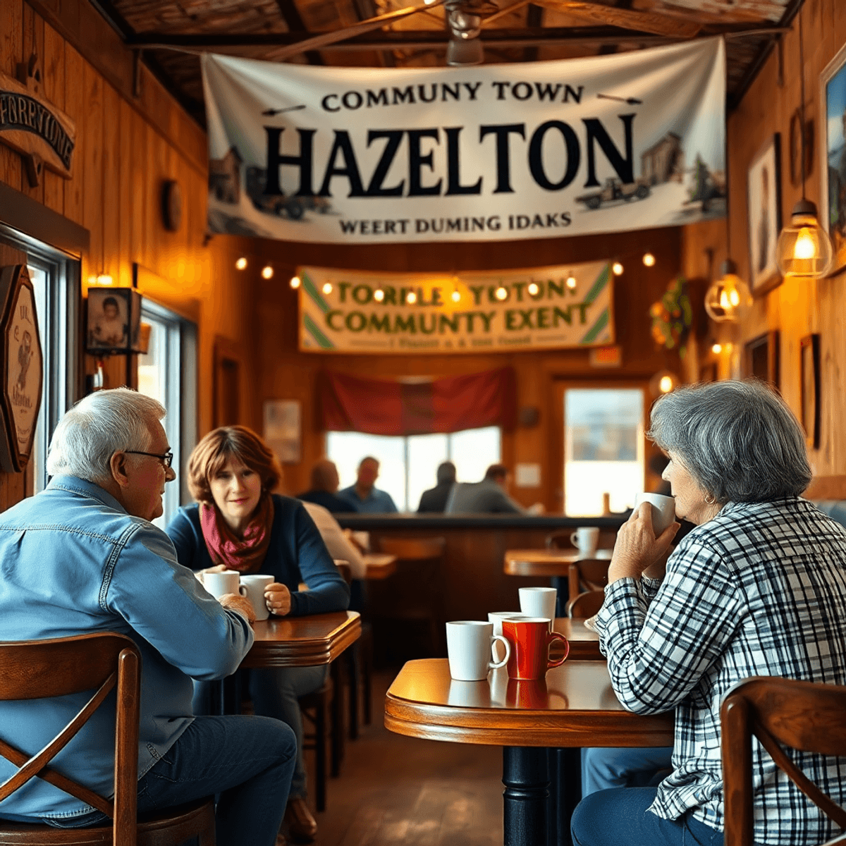 A cozy diner in Hazelton, Idaho, with couples enjoying coffee and conversation under warm lighting, surrounded by rustic decor and a banner for a c...