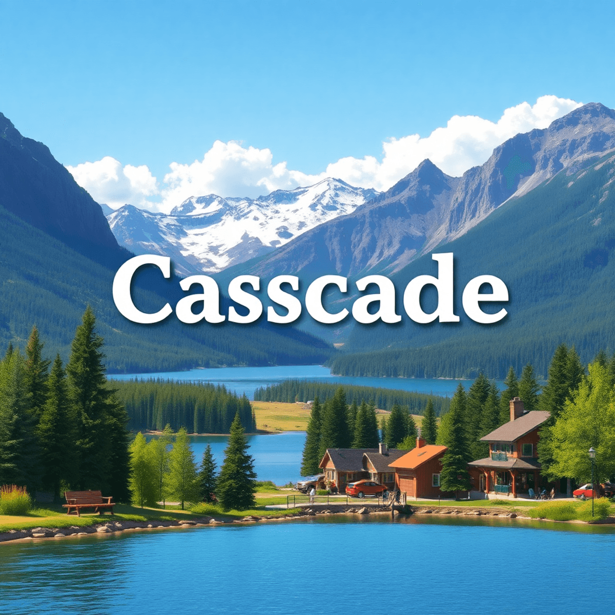 A picturesque mountain landscape in Cascade, Idaho, featuring a serene lake, vibrant colors, and outdoor activities like hiking, creating a warm an...