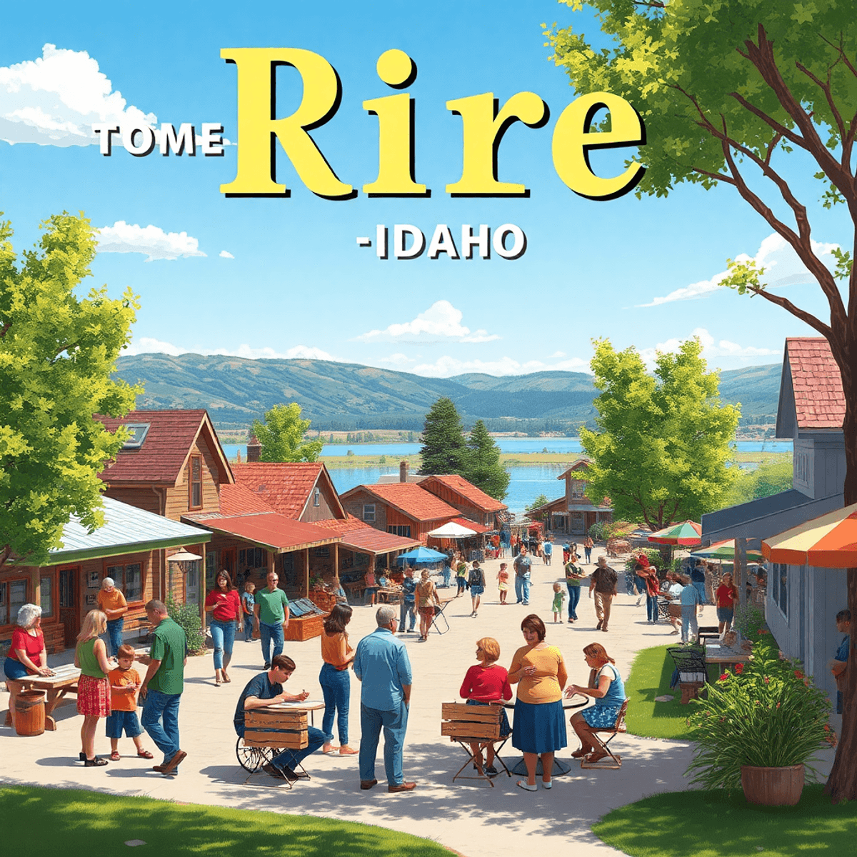 A vibrant small-town gathering by a scenic reservoir, with locals enjoying outdoor activities, trees, a clear blue sky, and a strong sense of commu...