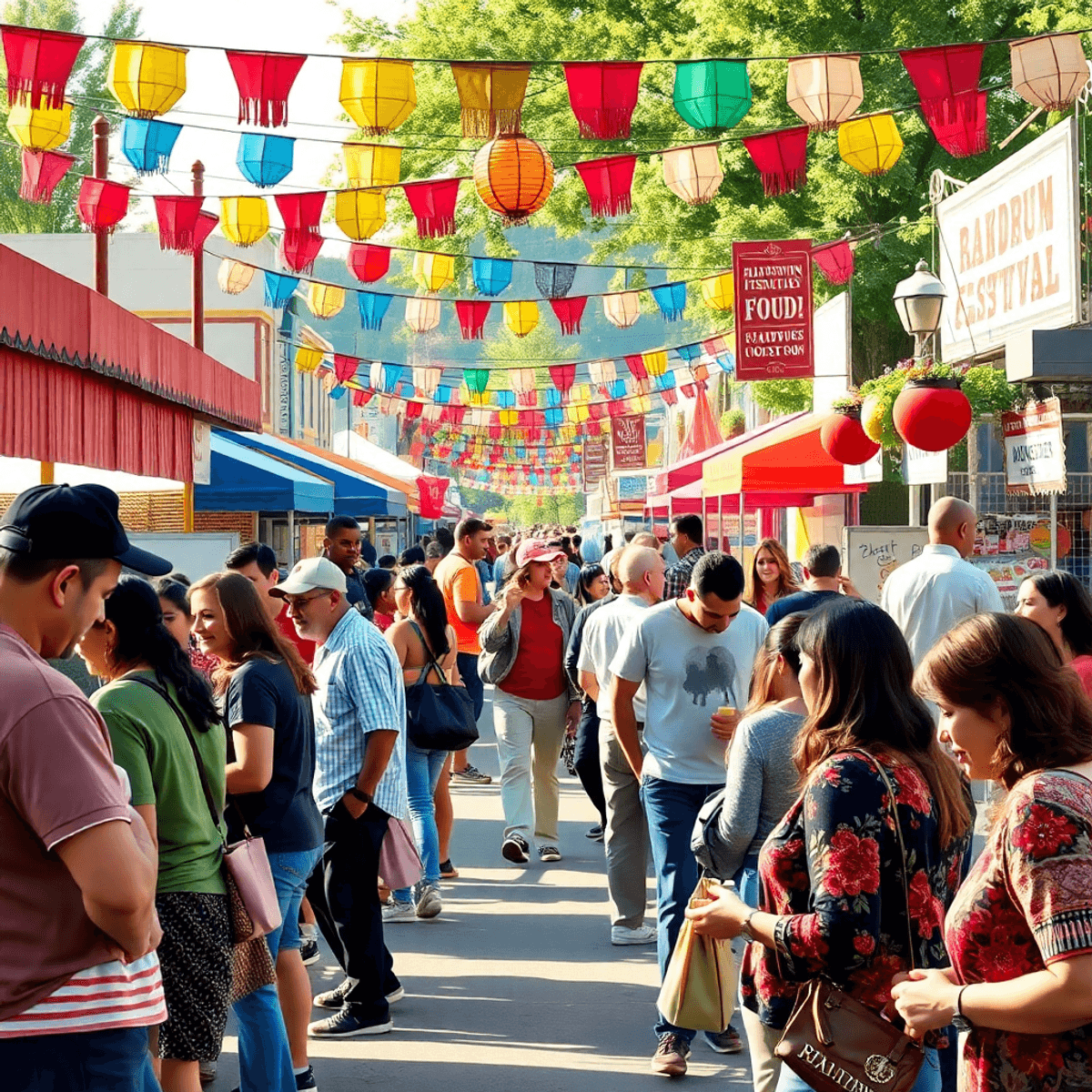 A lively small-town festival in Rathdrum, Idaho, with people enjoying food stalls and engaging in conversations amidst colorful decorations and a w...