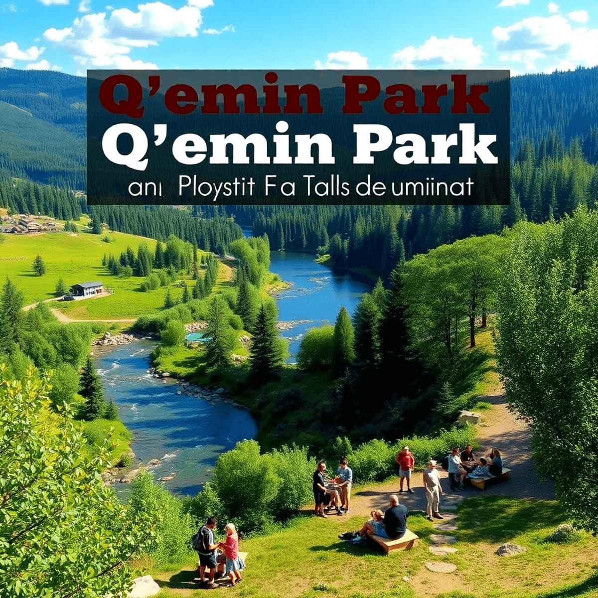 A scenic view of Q'emiln Park with lush greenery, a serene river, and people hiking and picnicking, capturing the charm of the area as a community ...