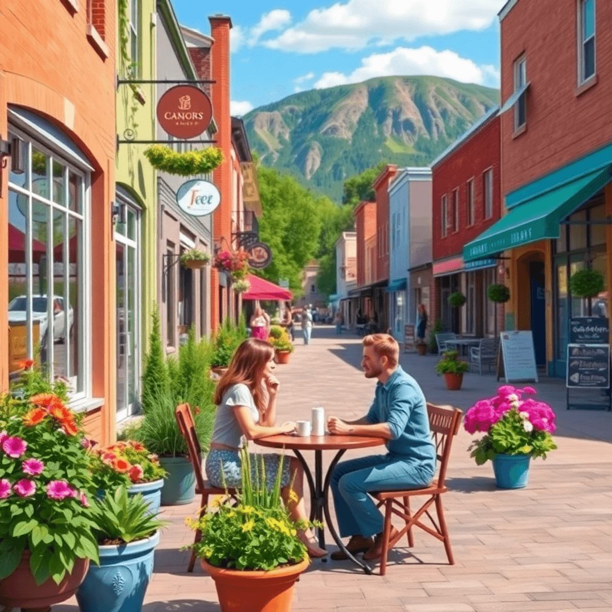 A picturesque small town in Idaho with charming streets, local shops, and cafes. A couple enjoys coffee outdoors amidst greenery and colorful flowe...