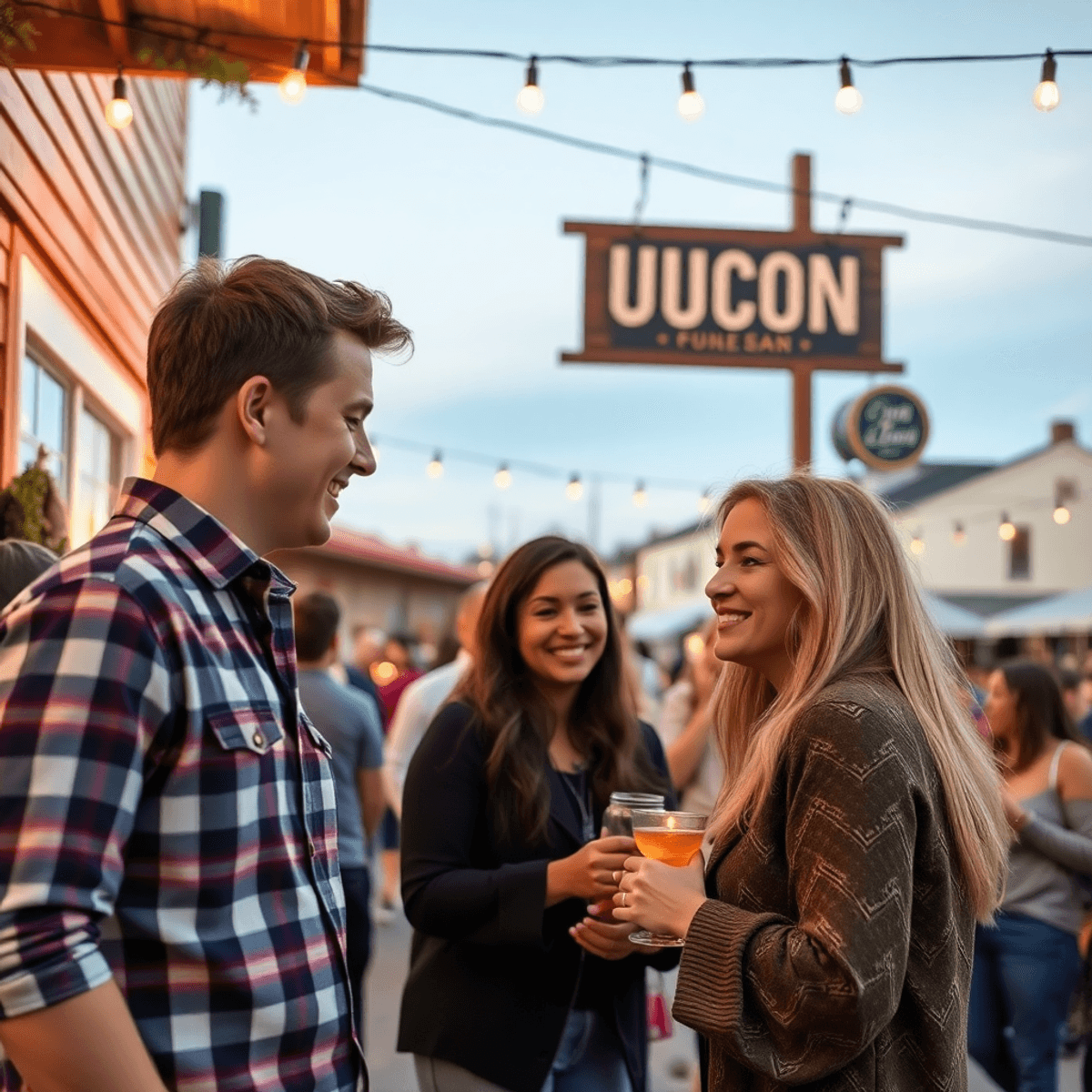 A charming small-town outdoor event in Ucon, Idaho, with warm lighting and local decorations, featuring a group of people happily interacting amids...