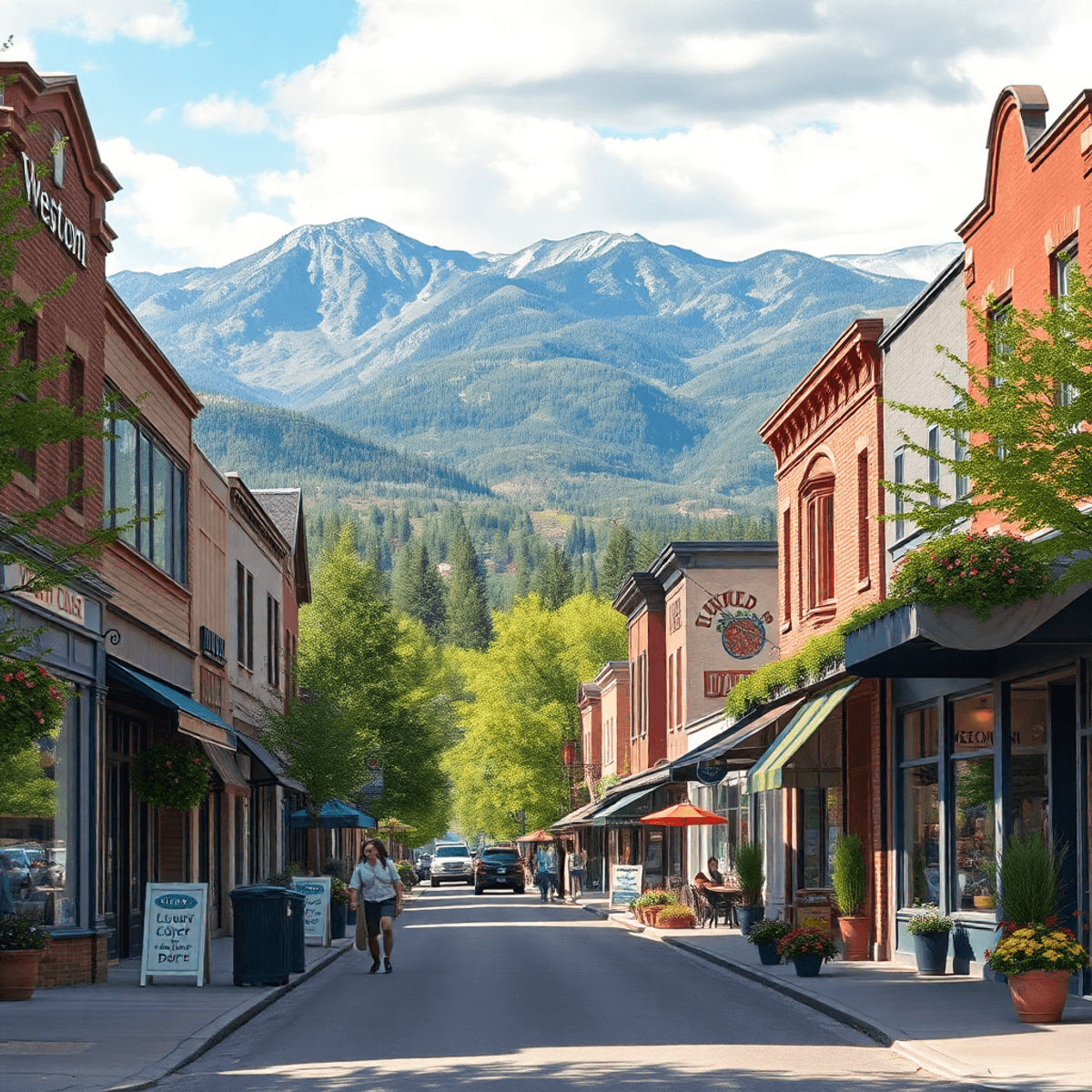 A charming small-town main street in Weston, Idaho, lined with local shops and cafes, surrounded by trees and mountains, evoking a sense of communi...