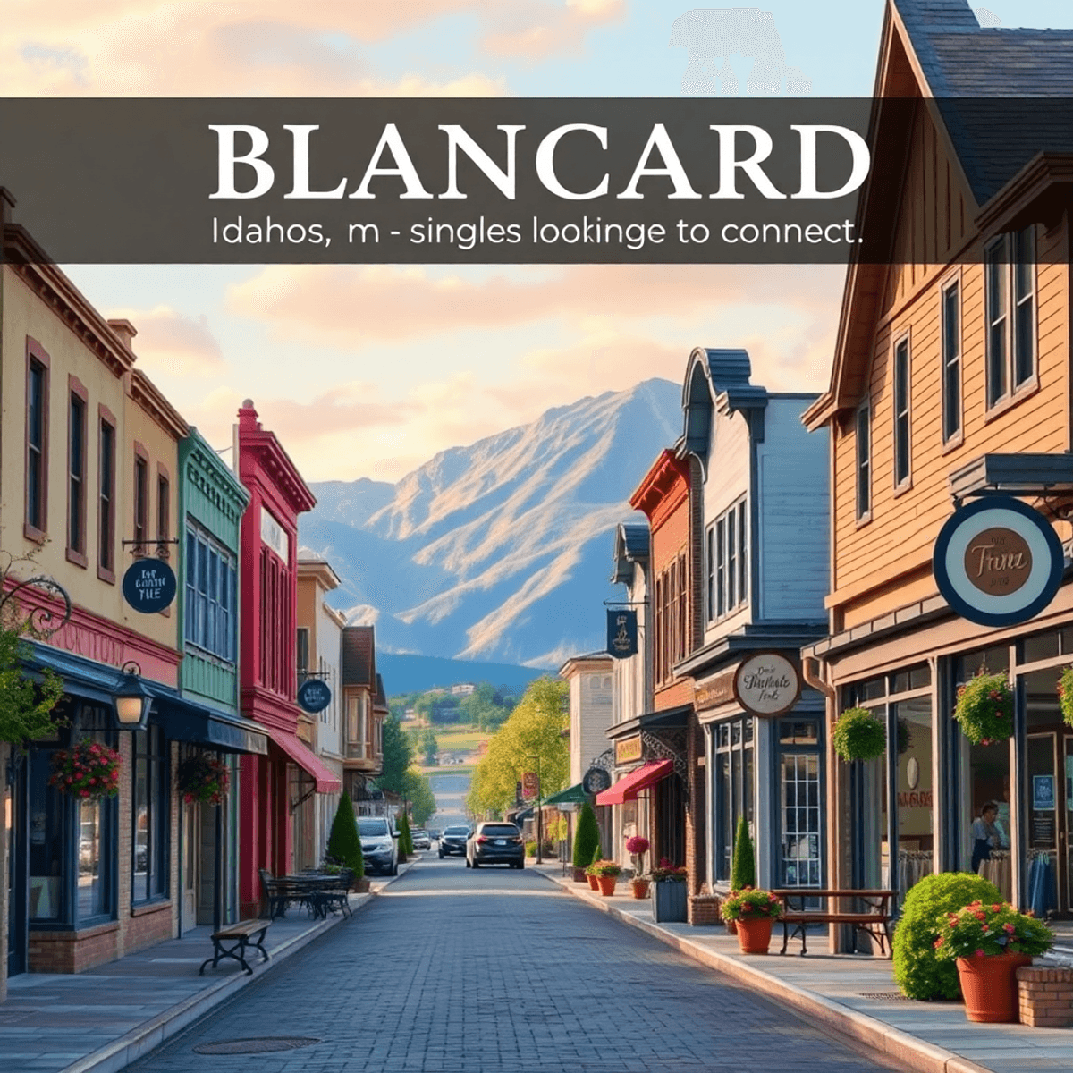 A picturesque view of Blanchard, Idaho, showcasing a cozy main street lined with local shops and cafes, framed by stunning natural landscapes.