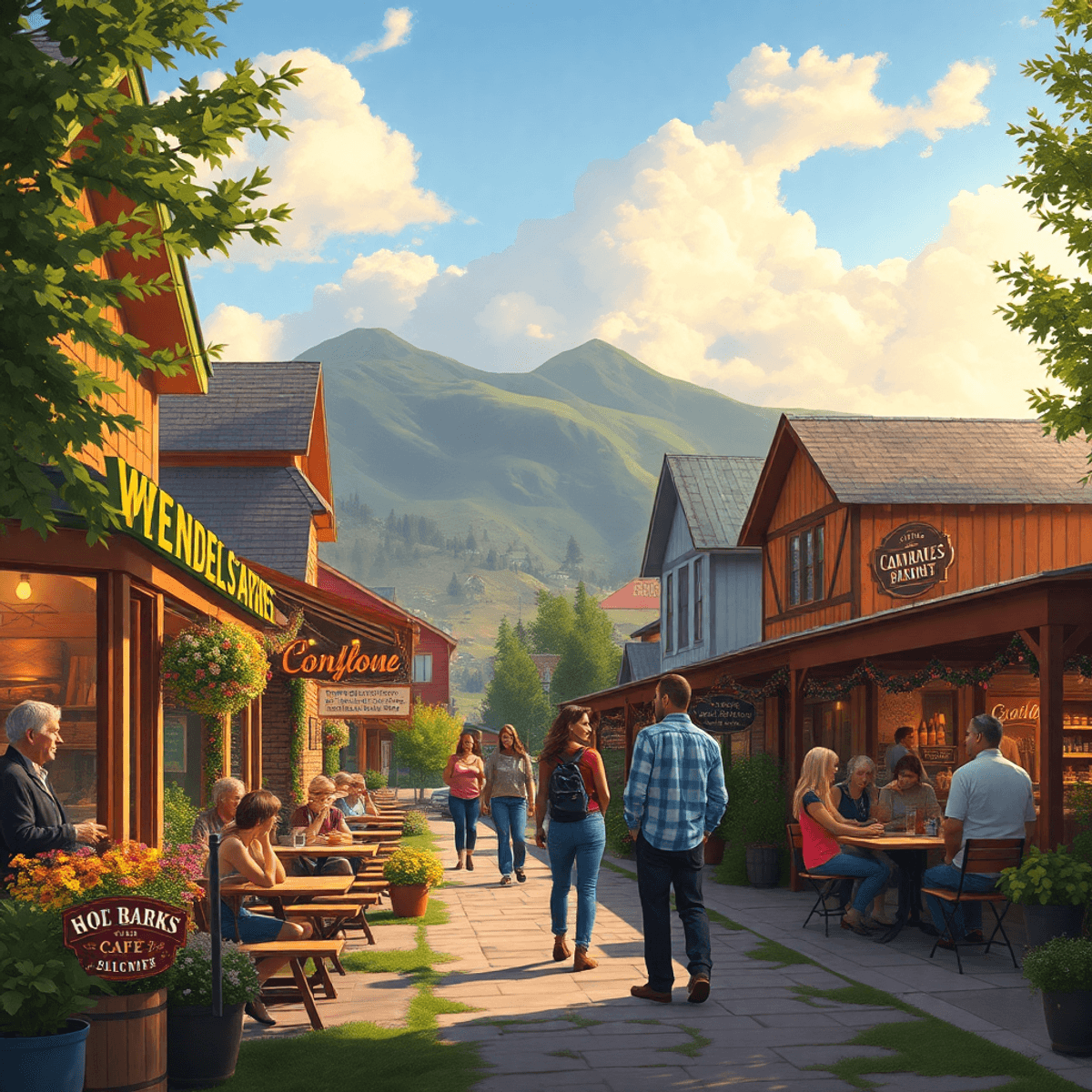 A charming small town in Wendell, Idaho, with scenic trails and a bustling cafe. Couples enjoy outdoor activities, surrounded by nature and communi...