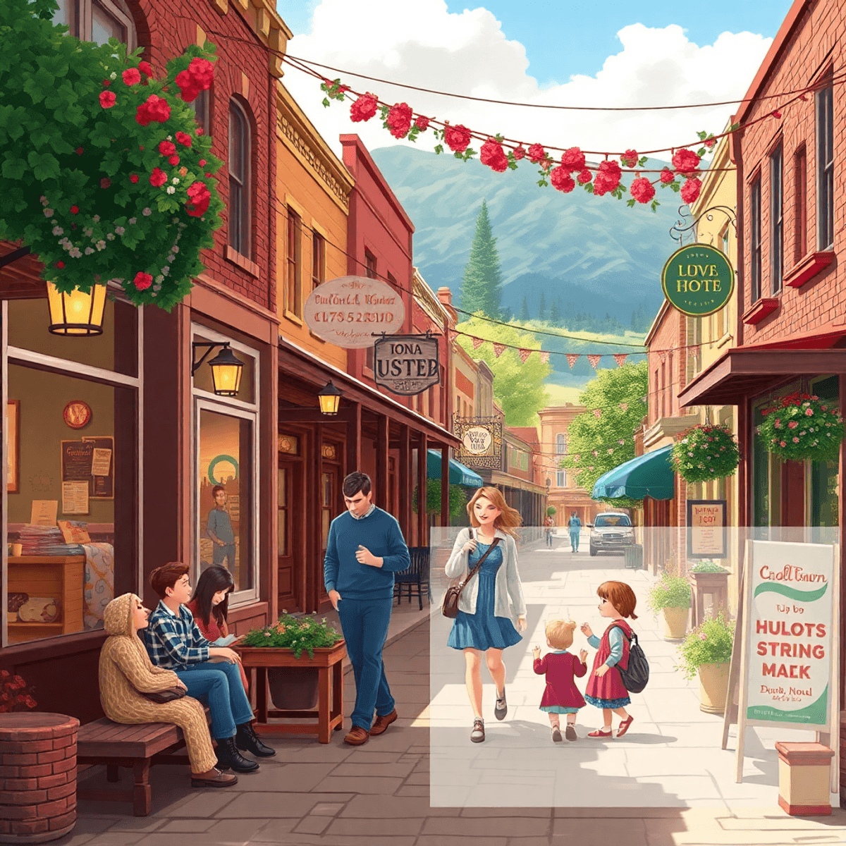 A warm, inviting small-town street lined with charming shops, families enjoying each other's company, and a welcoming atmosphere that reflects comm...