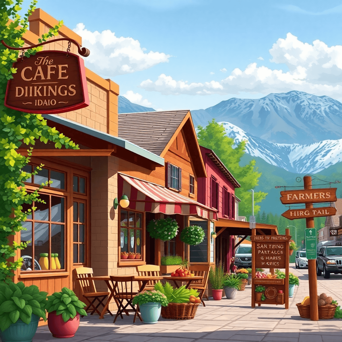 A charming mountain town scene in Driggs, Idaho, showcasing a cozy café with outdoor seating, fresh produce at a market stall, and hiking trail sig...