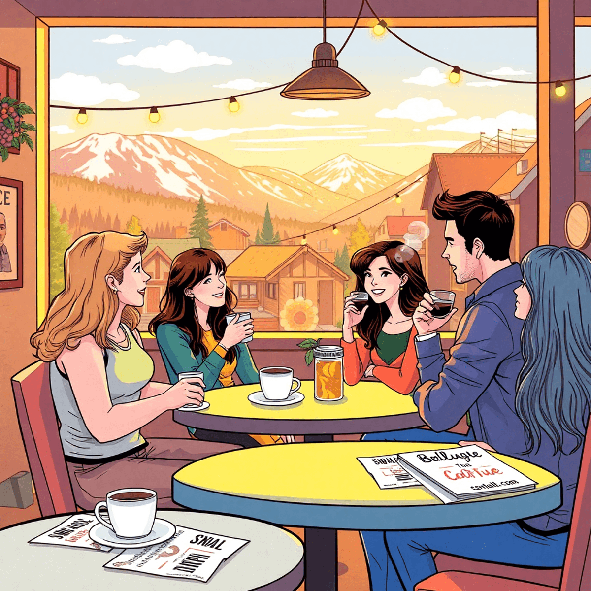 A cozy café scene in Bellevue, Idaho, featuring singles mingling with coffee cups and local event flyers on tables, set against a backdrop of beaut...