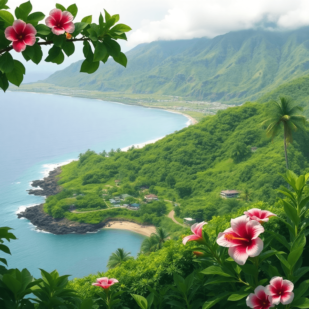 A serene coastal view of Pepeekeo, Hawaii, showcasing lush greenery and traditional flowers like hibiscus and plumeria, evoking warmth and intimate...