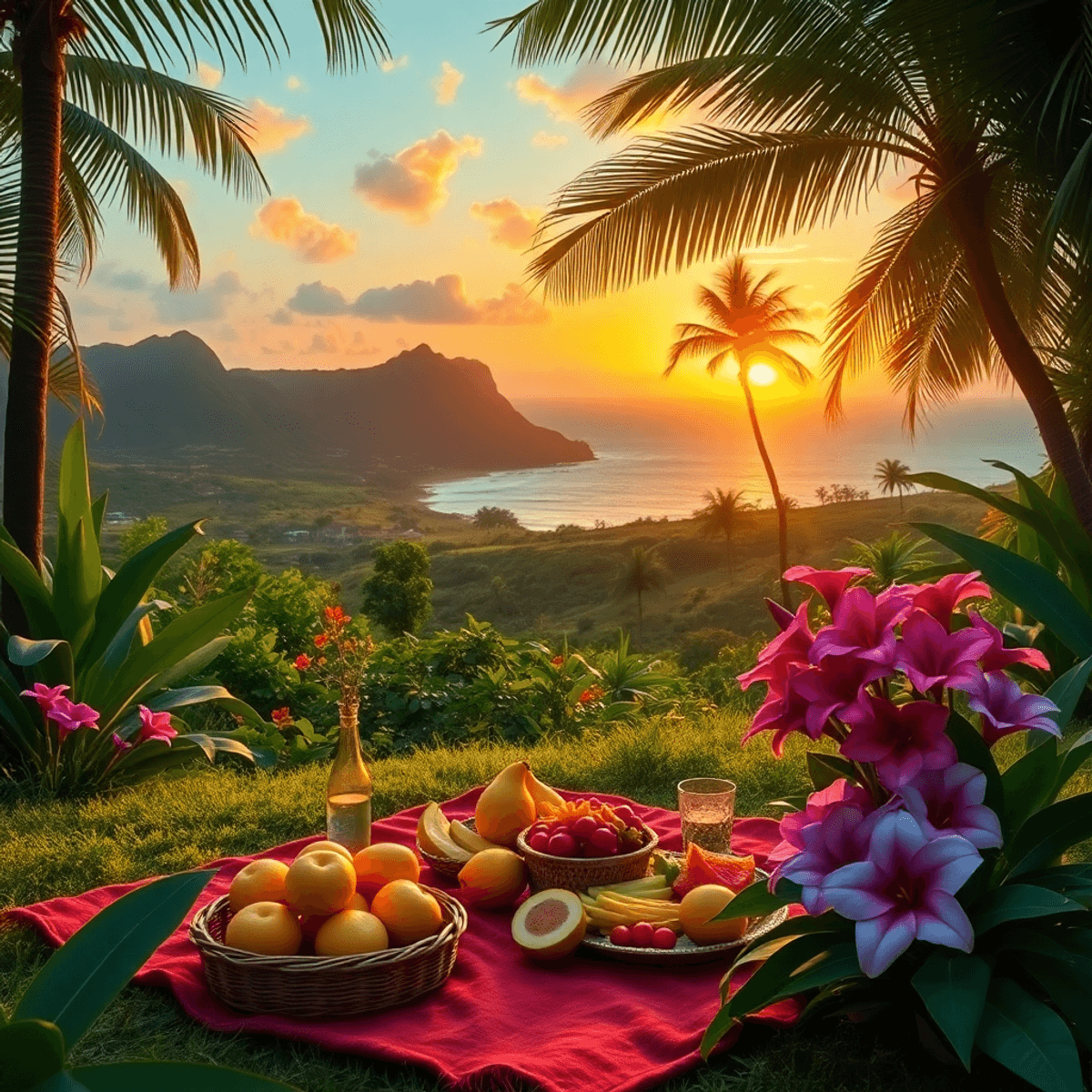 A tropical landscape in Keaau, Hawaii, showcasing lush greenery, vibrant flowers, a picnic setup with local fruits, and a warm sunset, evoking roma...
