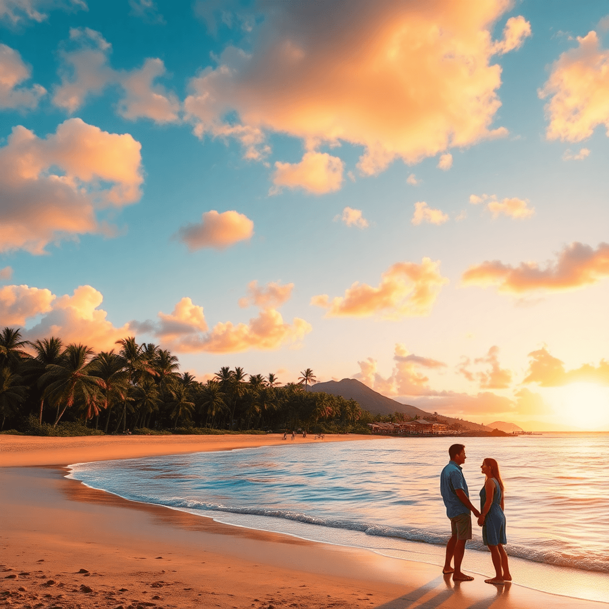 A romantic couple on a Hawaiian beach at sunset, surrounded by palm trees and vibrant colors, embodying connection and community in a tropical para...