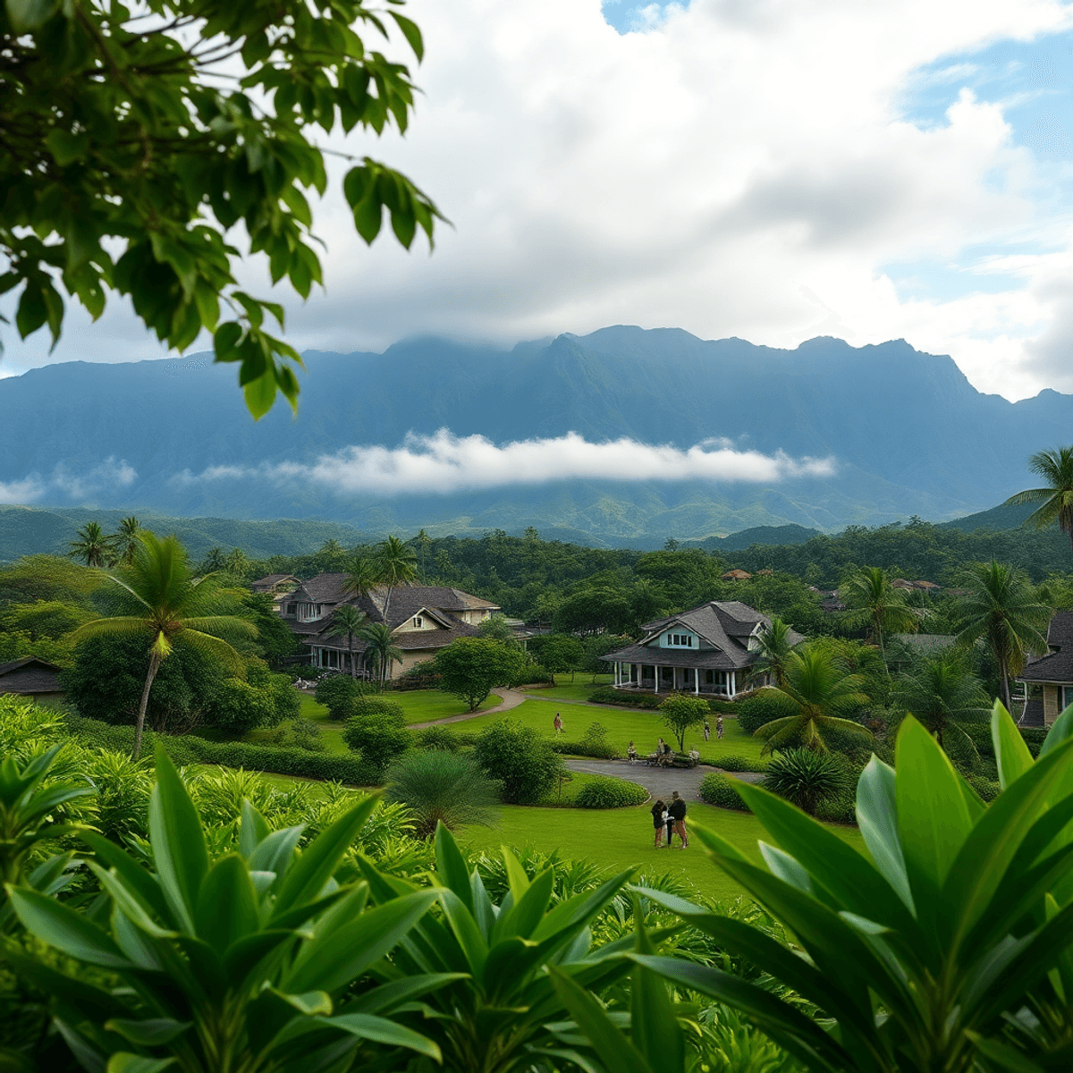 Lush tropical landscape of Leilani Estates in Hawaii, featuring greenery and a small community gathering, evoking warmth and connection in a pictur...