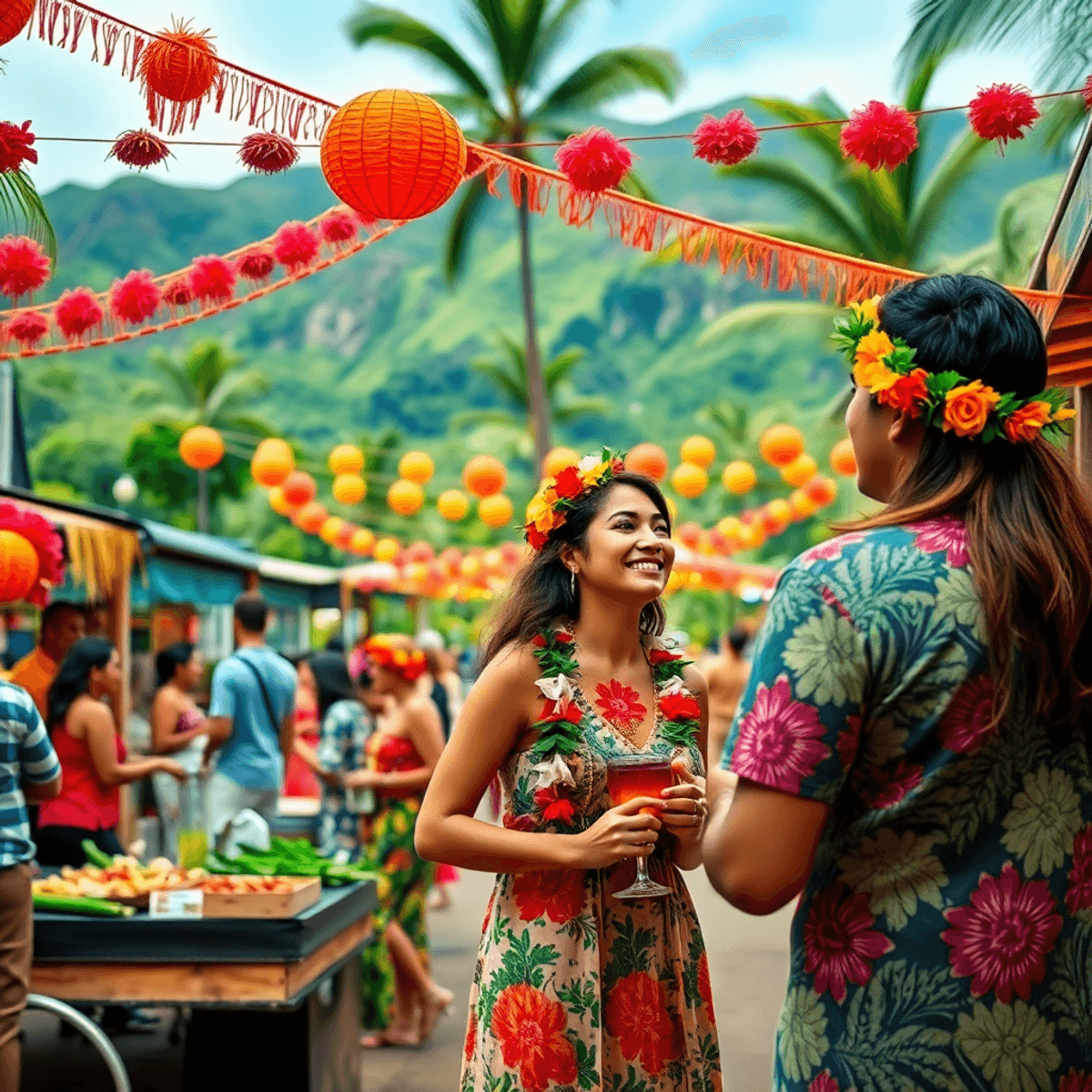 A vibrant community event in Papaikou, Hawaii, with colorful decorations, local food stalls, musicians, and couples enjoying traditional activities...