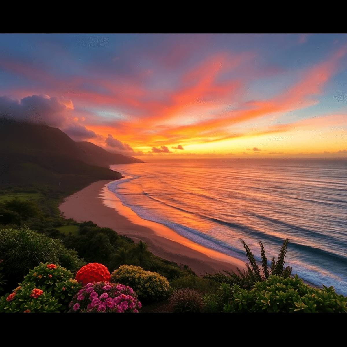 A vibrant sunset over Kilauea's North Shore, showcasing pristine beaches, lush hiking trails, and traditional Hawaiian decorations enhancing the ro...