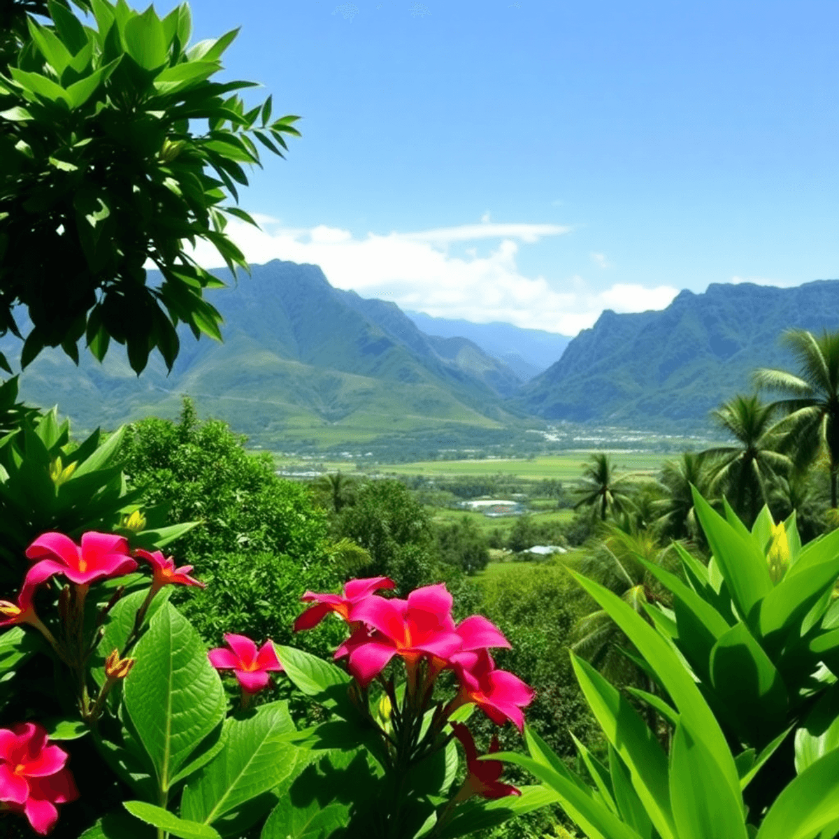 A scenic view of Mountain View, Hawaii, featuring lush greenery, vibrant tropical flowers, majestic mountains, and a clear blue sky, evoking romanc...