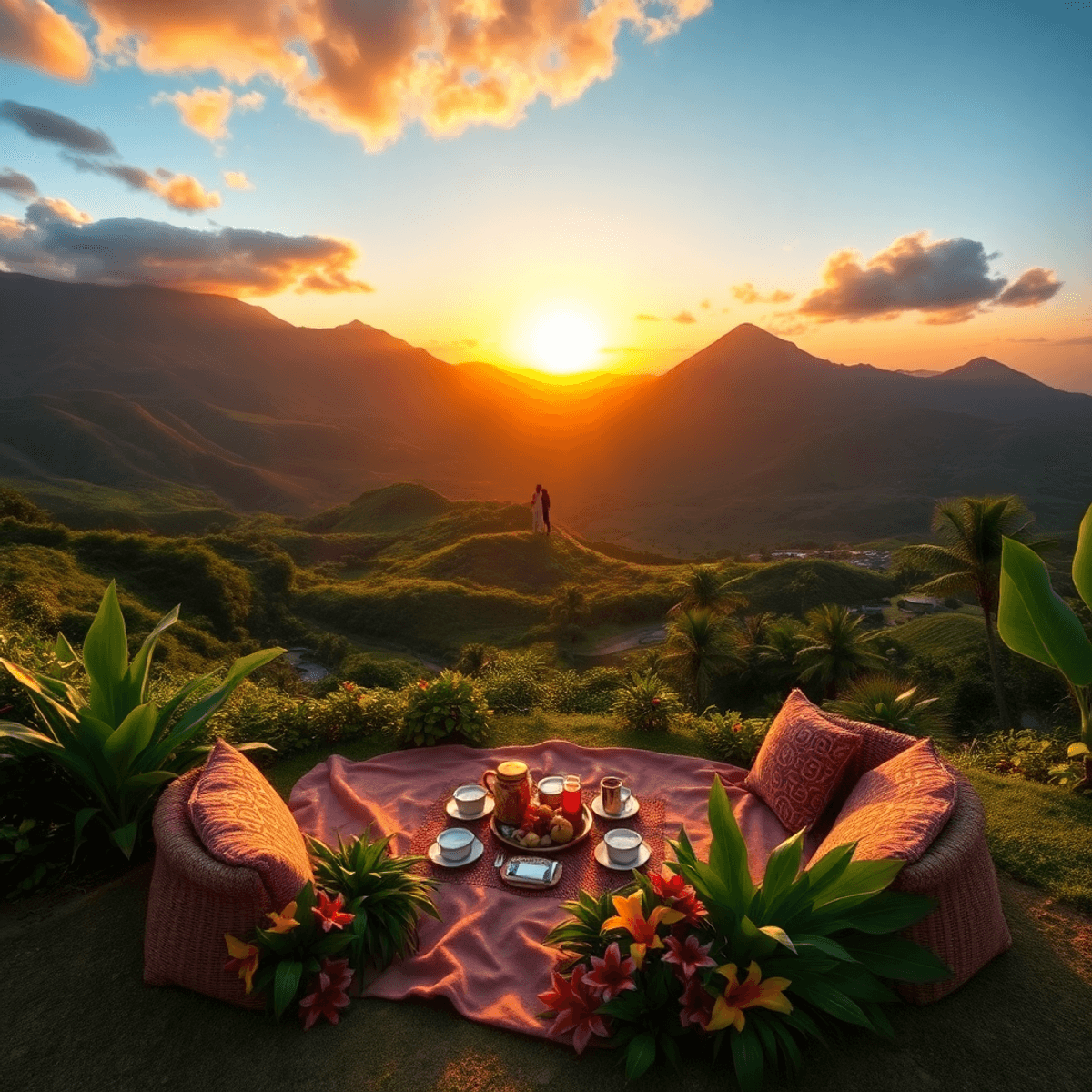 A vibrant Hawaiian landscape showcasing lush greenery, volcanic hills, and a stunning sunset, with a cozy picnic setup surrounded by tropical flowers.