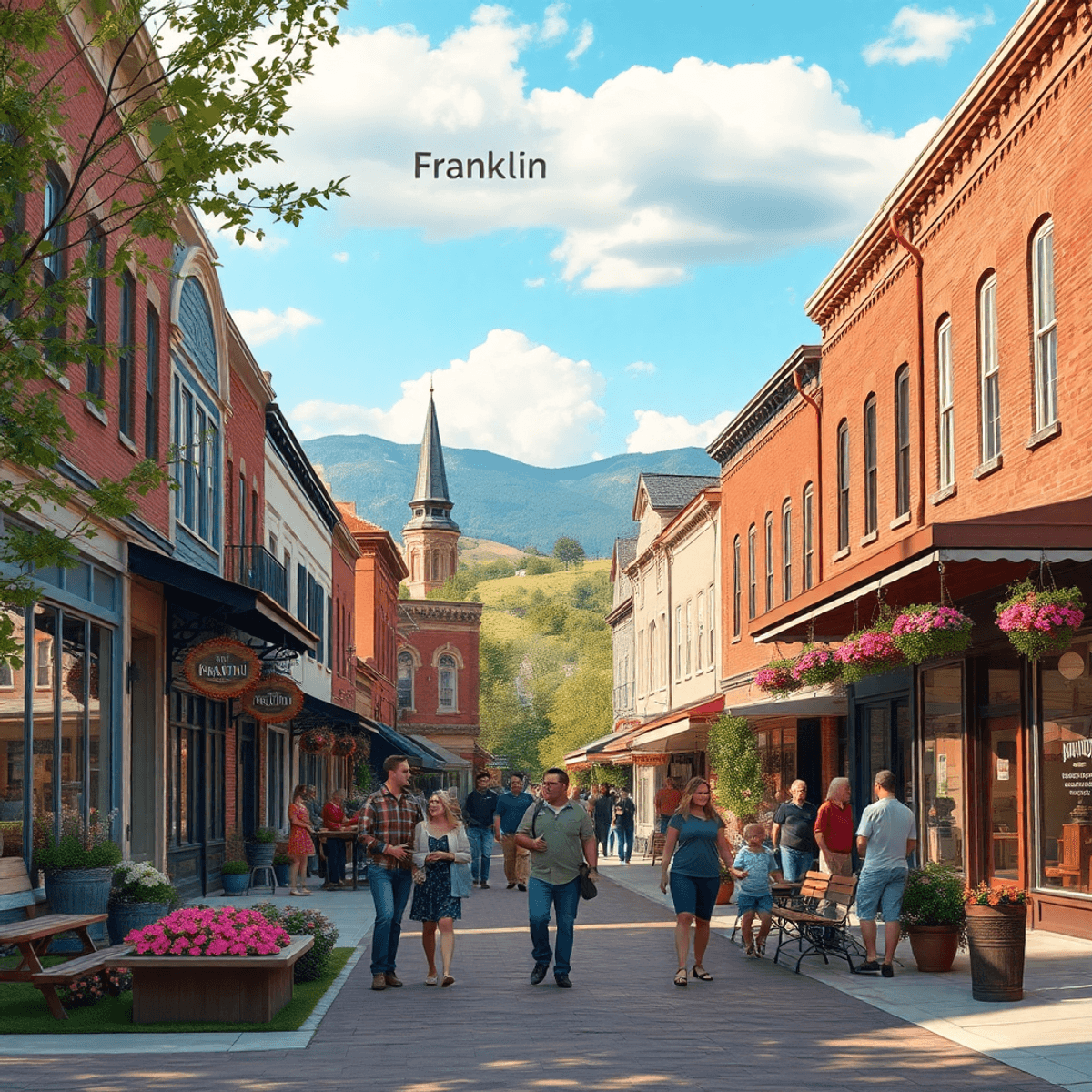 A charming small-town scene in Franklin, Idaho, with historic buildings, couples enjoying outdoor activities, blooming flowers in a park, and vibra...
