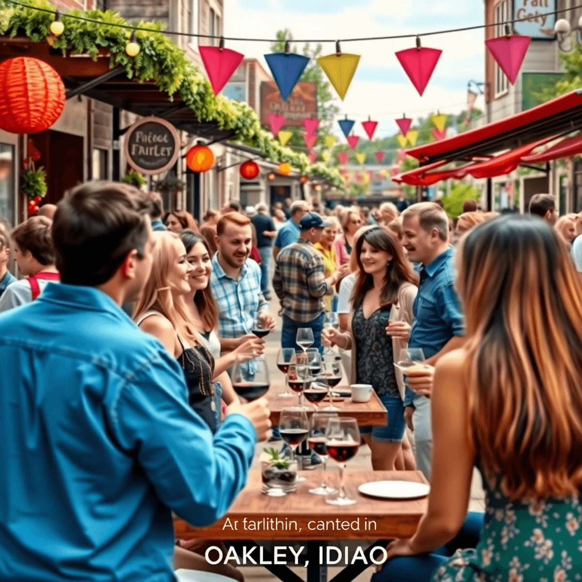 A lively outdoor community event in Oakley, Idaho, with people mingling at tables adorned with drinks and festive decorations, showcasing connectio...