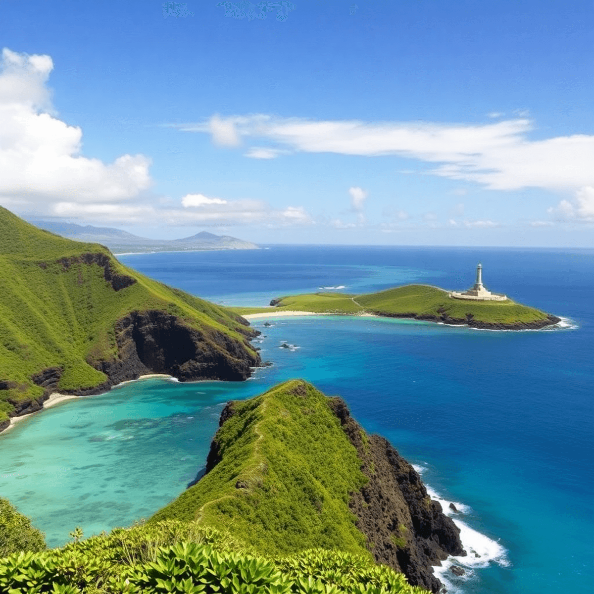 A breathtaking view of Honaunau-Napoopoo, Hawaii, showcasing clear blue waters, lush greenery, and the Pu'uhonua o Honaunau National Historical Par...