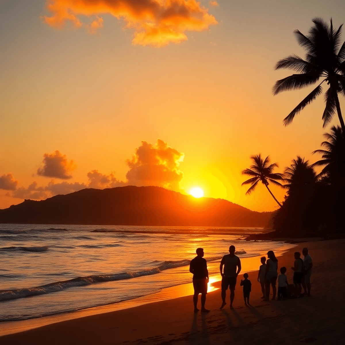 A vibrant sunset over Heeia State Park, with silhouettes of palm trees and gentle waves, featuring a small gathering of people enjoying a casual be...