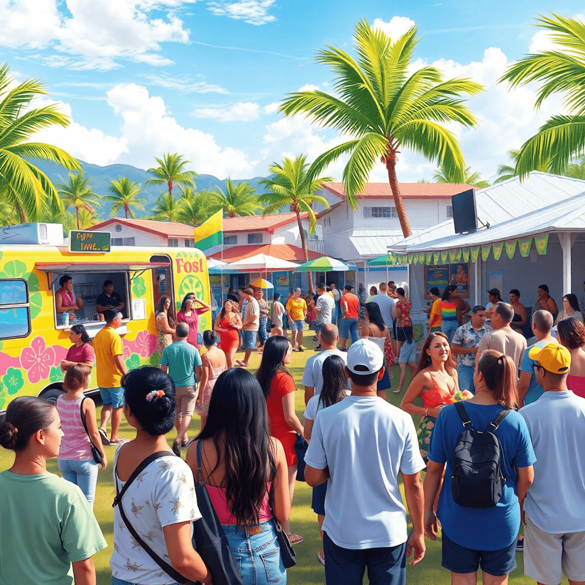 A lively outdoor community event in Ewa Villages, Hawaii, featuring colorful food trucks, local performers on stage, and groups of singles enjoying...