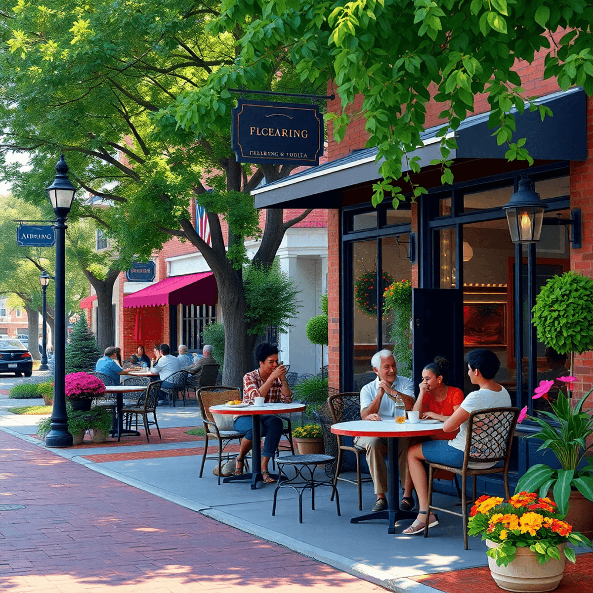A cozy cafe with outdoor seating on a small-town street, surrounded by greenery and flowers, featuring friends enjoying coffee together in a warm, ...