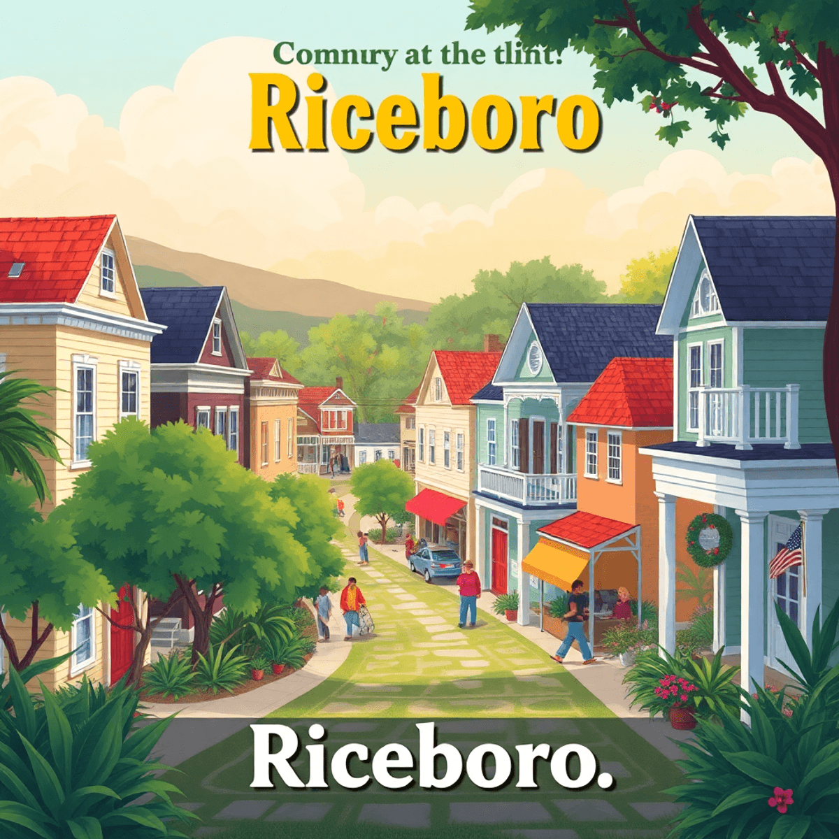 A vibrant illustration of a small town with historic buildings, lush greenery, and elements of Gullah Geechee traditions, creating a warm and invit...
