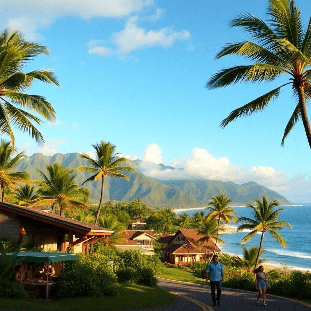 A scenic view of Wailua Homesteads with swaying palm trees, mountains in the background, a cozy farmers' market stall, and a couple hiking together...