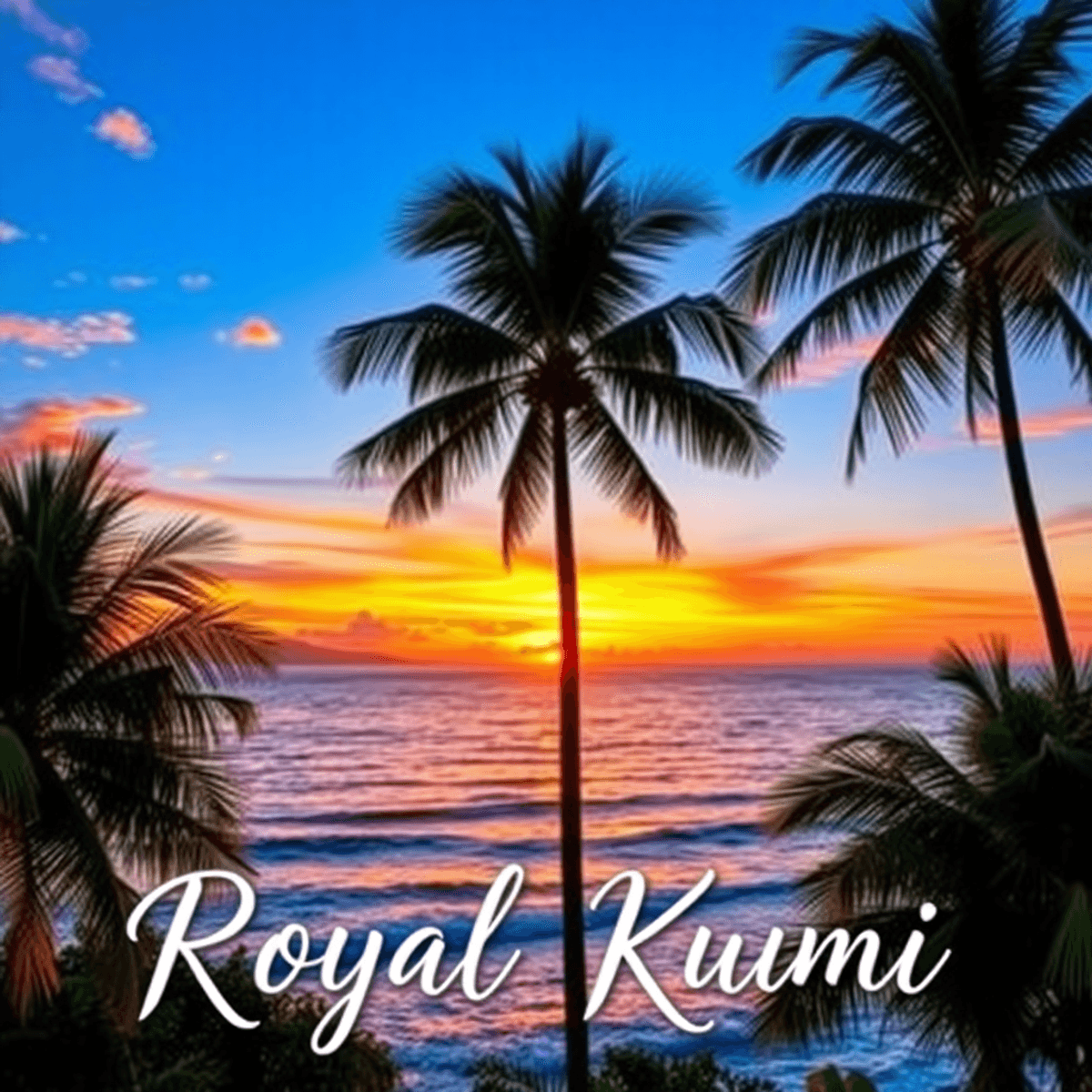 A vibrant sunset over Royal Kunia, Hawaii, with swaying palm trees in the foreground and ocean waves gently lapping in the background, creating a r...