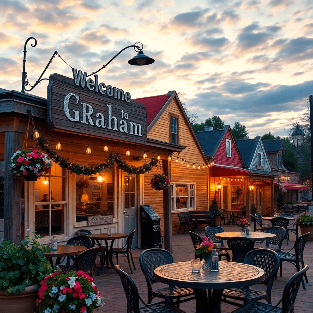 A charming outdoor café in a small town, with cozy tables, warm lighting, a rustic "Welcome to Graham" sign, blooming flowers, and a romantic sunse...
