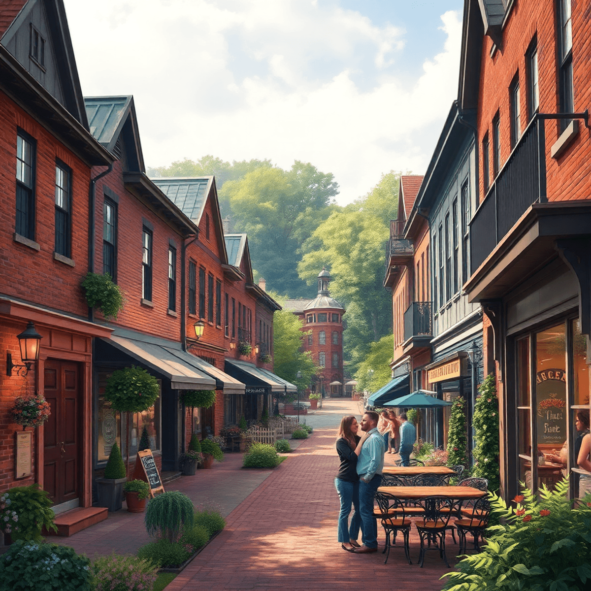 A charming small-town scene in Byromville, Georgia, showcasing old buildings, a cozy café, and a park filled with greenery, evoking warmth and comm...
