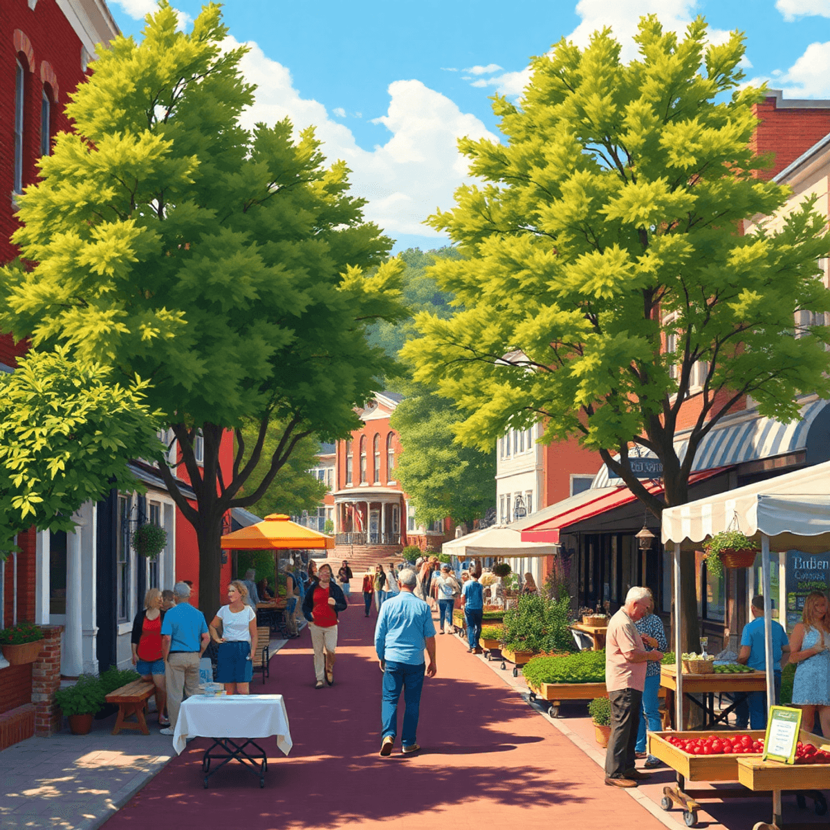 A charming small-town scene in Lumber City, Georgia, showcasing historic buildings, tree-lined streets, and a lively farmers' market filled with vi...